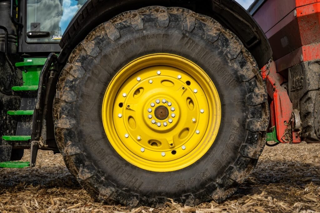 Close view of a large agricultural tractor tyre