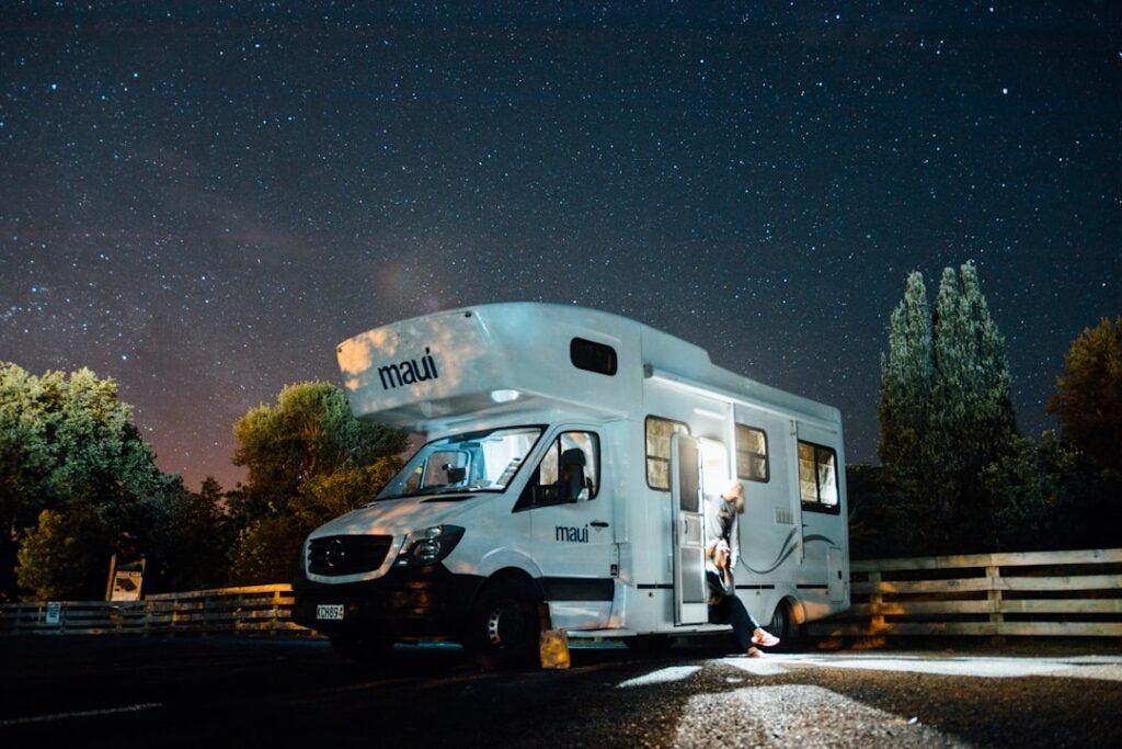 White motorhome parked outdoors