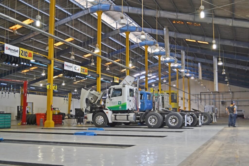 Commercial truck in a service bay